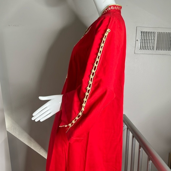 Long Sz M-L 100% Cotton Red Gold Thread Long Tunic Dress Side Pockets - Picture 3 of 5